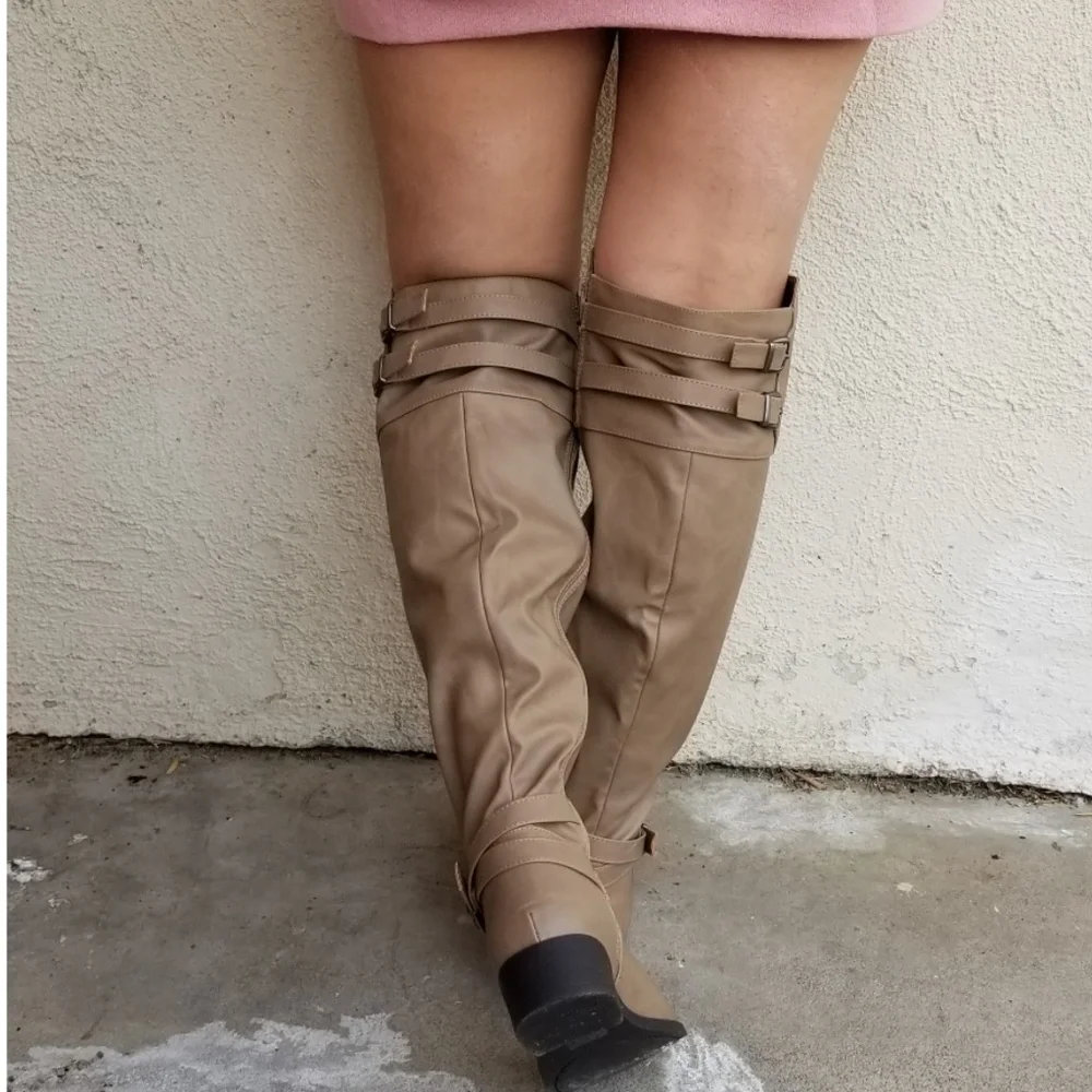 Leatherette Buckled Strap Accent Knee High Riding - Picture 5 of 5